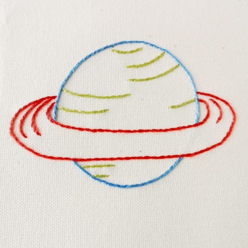 Planet Saturn hand embroidery with stem stitch