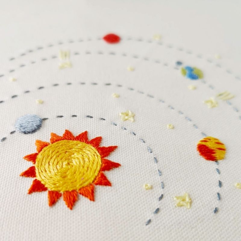 Solar system hand embroidery on white cotton